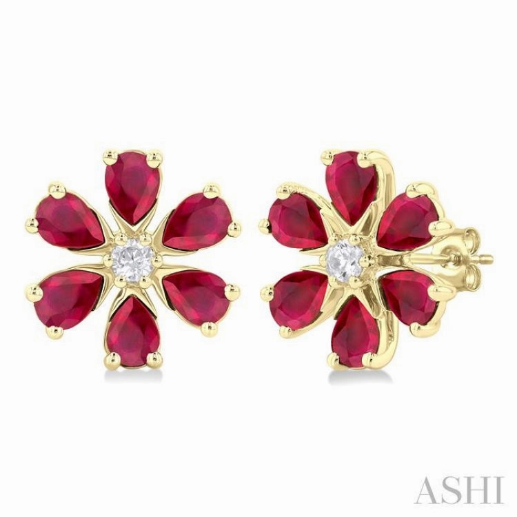 4X3 MM Floral Blossom Pear Cut Ruby and 1/10 Ctw Round Cut Diamond Precious Stud Earring in 14K Yellow Gold Sleek Design understated look