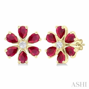 4X3 MM Floral Blossom Pear Cut Ruby and 1/10 Ctw Round Cut Diamond Precious Stud Earring in 14K Yellow Gold Sleek Design understated look