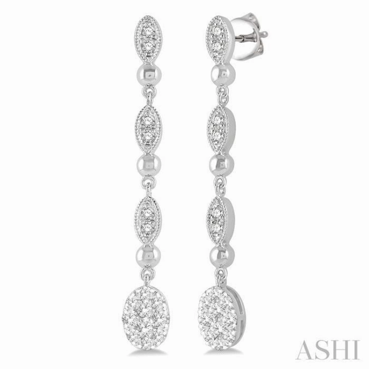 1/2 Ctw Oval Lovebright and Marquise Motif Round Cut Diamond Fashion Long Earrings in 14K White Gold Graceful Touch