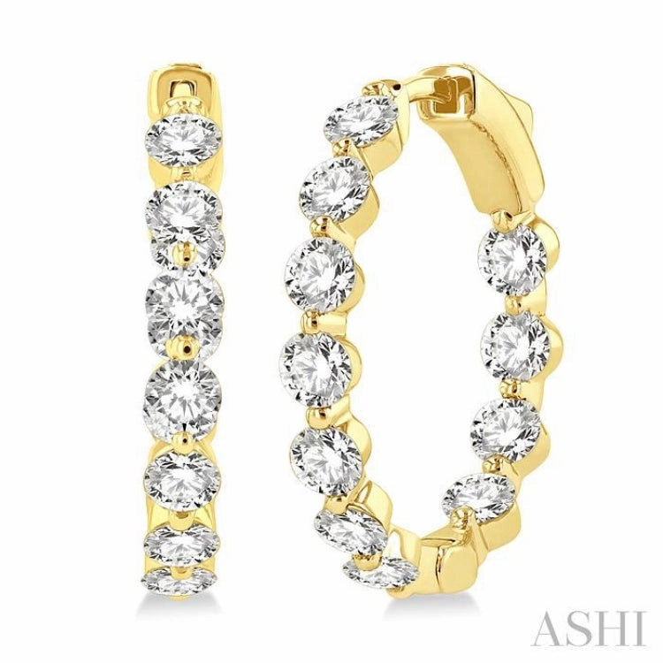 3 Ctw Inside-Out Single Prong Set Round Cut Diamond Hoop Earrings in 14K Yellow Gold Art Deco Feel