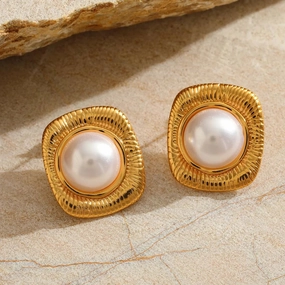 Elle Pearl Rectangle Stud Earrings ?C 18K Gold Plated High-Quality Feature