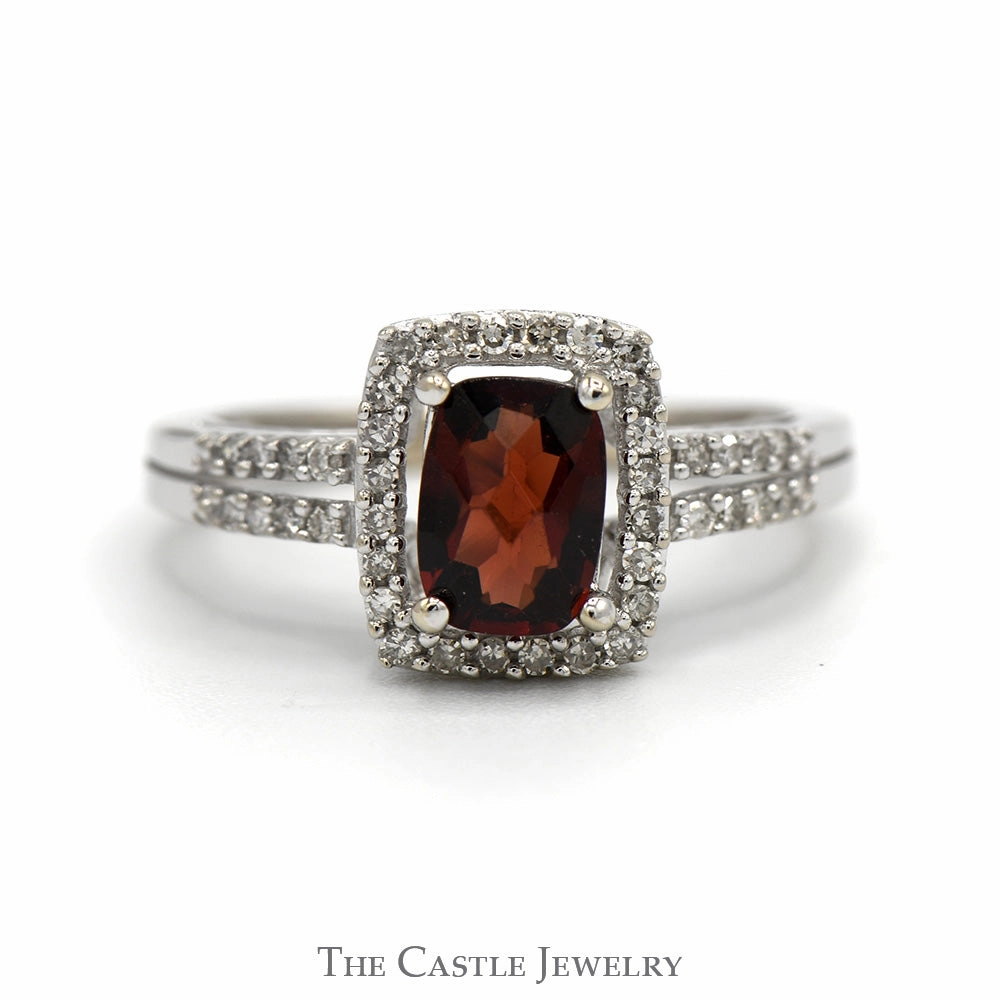 Fine Ornament Minimal Accent Elongated Cushion Cut Garnet Ring with Diamond Halo and Diamond Accented Sides in 14k White Gold