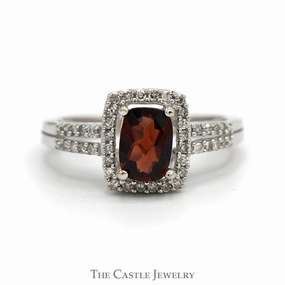 Fine Ornament Minimal Accent Elongated Cushion Cut Garnet Ring with Diamond Halo and Diamond Accented Sides in 14k White Gold
