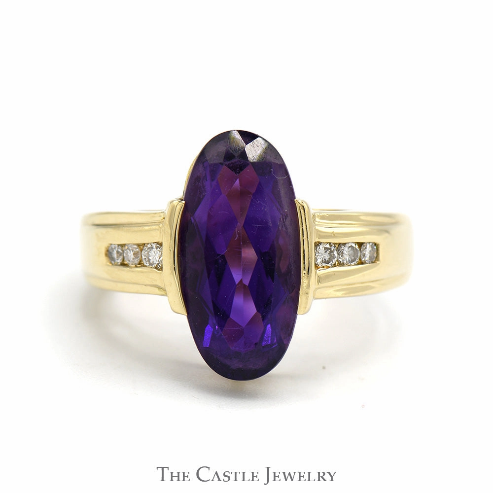 Dressing Up Ornate Decoration Elongated Oval Amethyst Ring with Channel Set Diamond Accents in 14k Yellow Gold