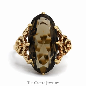 casual outing Stylish Symbol Elongated Oval Smokey Quartz Solitaire with Rose Designed Sides in 10k Yellow Gold
