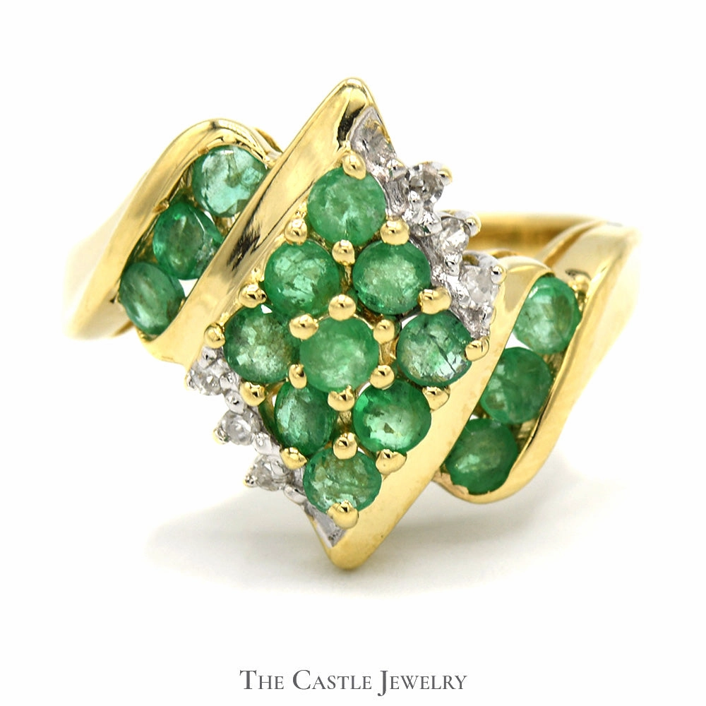 Glamorous Design Emerald Cluster Ring with Diamond Accents in 10k Yellow Gold