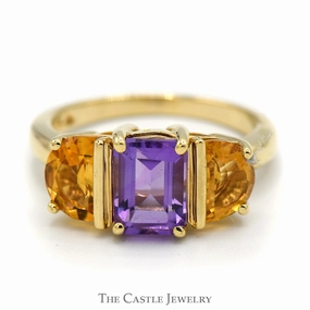 Modern Product Fine Look Emerald Cut Amethyst and Semi Circle Citrine Sides in 10k Yellow Gold