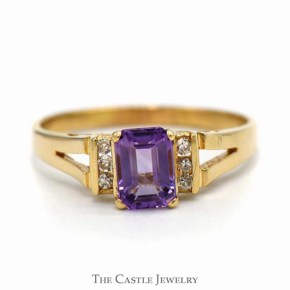 Beautiful Jewelry Meaningful Article Emerald Cut Amethyst Ring with Channel Set Diamond Accents in 14k Yellow Gold