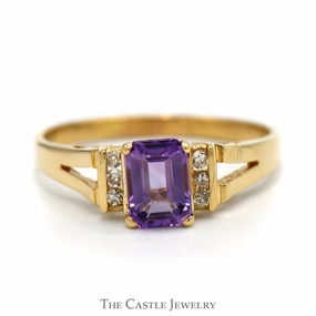 Beautiful Jewelry Meaningful Article Emerald Cut Amethyst Ring with Channel Set Diamond Accents in 14k Yellow Gold