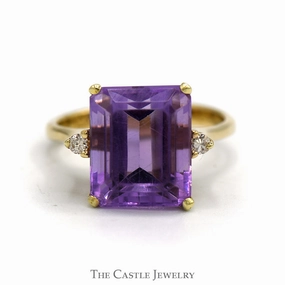 Emerald Cut Amethyst Ring with Diamond Accented Sides in 10k Yellow Gold Graceful Balance Exquisite Decoration