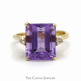 No Brand Easy Style Emerald Cut Amethyst Ring with Round Diamond Accents in 10k Yellow Gold