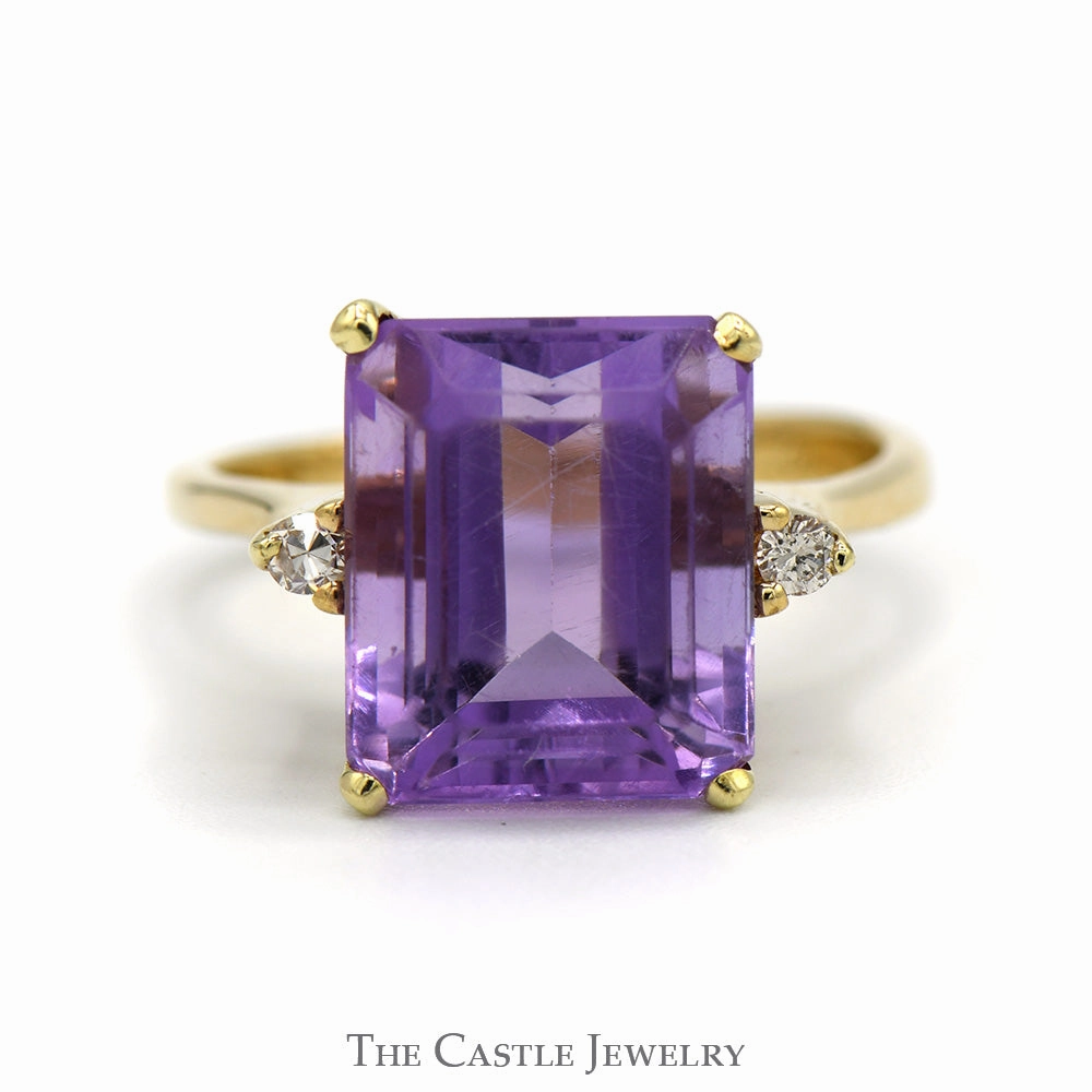 No Brand Easy Style Emerald Cut Amethyst Ring with Round Diamond Accents in 10k Yellow Gold