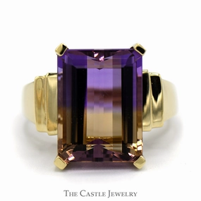 Emerald Cut Ametrine Ring with Beveled Sides in 10k Yellow Gold Cool Detail