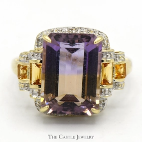 Emerald Cut Ametrine Ring with Diamond and White Topaz Accents in 10k Yellow Gold Soft Texture