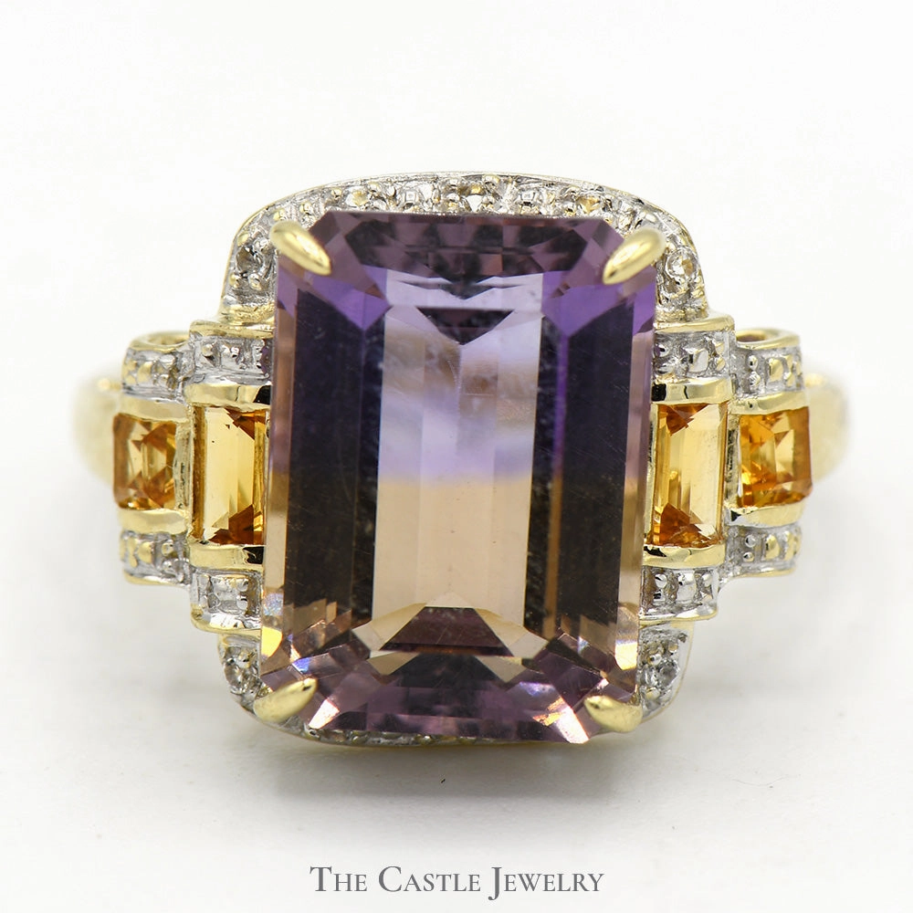 Emerald Cut Ametrine Ring with Diamond and White Topaz Accents in 10k Yellow Gold Soft Texture