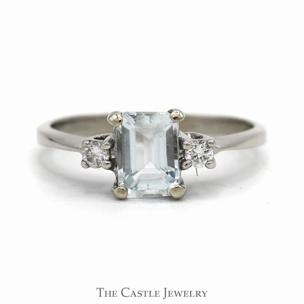 Emerald Cut Aquamarine And Diamond Ring .10 CTTW In 14KT White Gold Understated Mood Excellent Embellishment