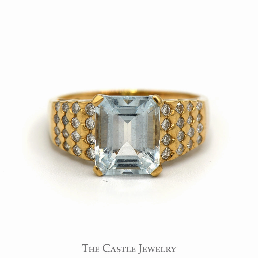 Durable Ornament Off The Rack Emerald Cut Aquamarine Ring with Diamond Cluster Sides in 14k Yellow Gold