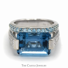 Secure look Emerald Cut Blue Topaz Ring with Blue Topaz and Diamond Cluster Accents in 14k White Gold