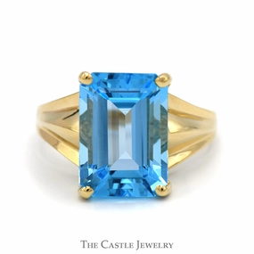 Emerald Cut Blue Topaz Ring with Polished Tapered Sides in 10k Yellow Gold Mother Gift