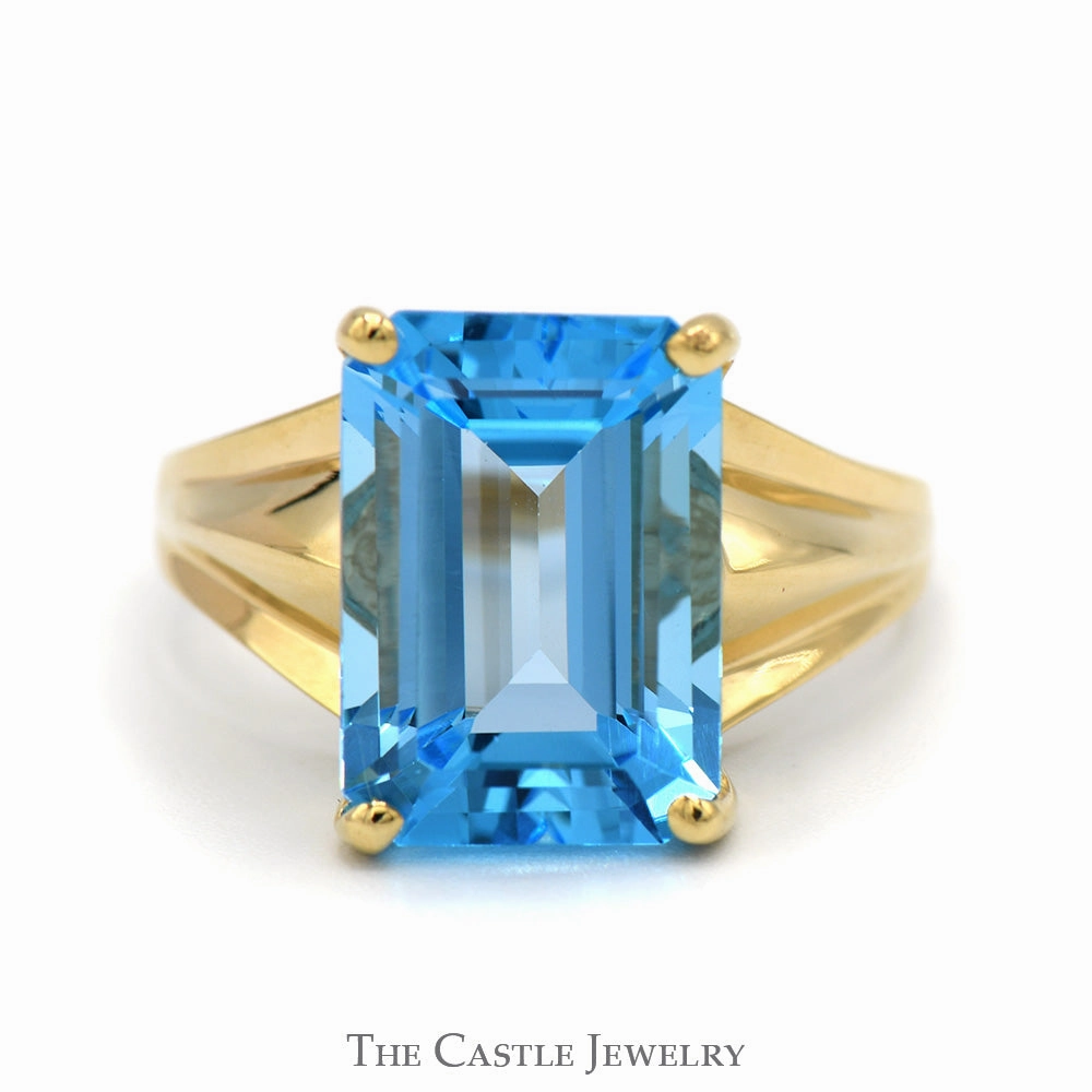 Emerald Cut Blue Topaz Ring with Polished Tapered Sides in 10k Yellow Gold Mother Gift