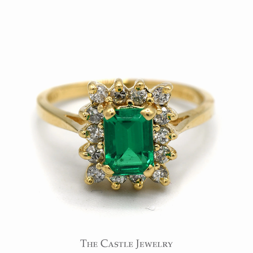 Gift Pack Emerald Cut Emerald Ring with RBC Diamond Halo in 14K Gold