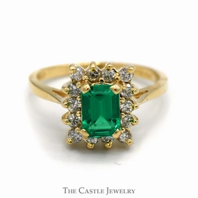 Gift Pack Emerald Cut Emerald Ring with RBC Diamond Halo in 14K Gold