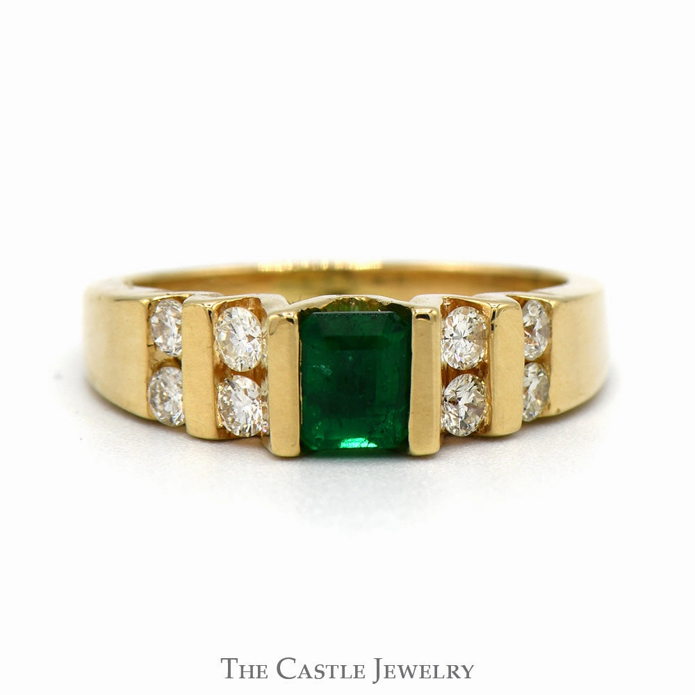 Artistic Shape Economical Adornment Emerald Cut Emerald Solitaire with Channel Set Diamond Accents in 14k Yellow Gold