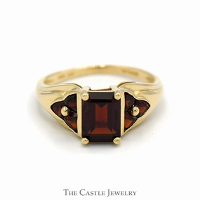 Emerald Cut Garnet Ring with Triangle Shaped Garnet Cluster Accented Sides in 14k Yellow Gold Romantic Ornament Hypoallergenic Jewelry