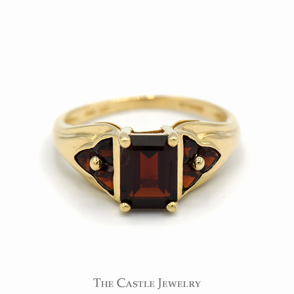 Emerald Cut Garnet Ring with Triangle Shaped Garnet Cluster Accented Sides in 14k Yellow Gold Romantic Ornament Hypoallergenic Jewelry