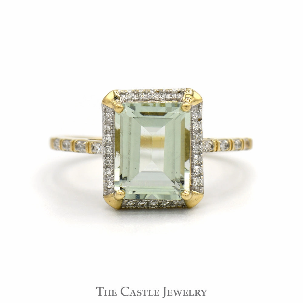 Emerald Cut Green Quartz Ring with Diamond Halo & Accented Sides in 10k Yellow Gold Abstract Pattern