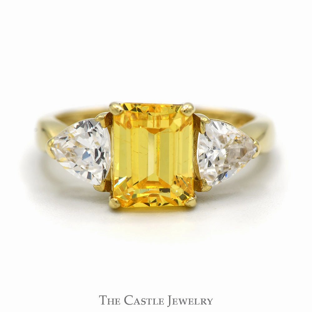 Emerald Cut Lemon Ice Ring with Trillion Cut Cubic Zirconia Accents in 14k Yellow Gold Trendy Object Environmentally Safe