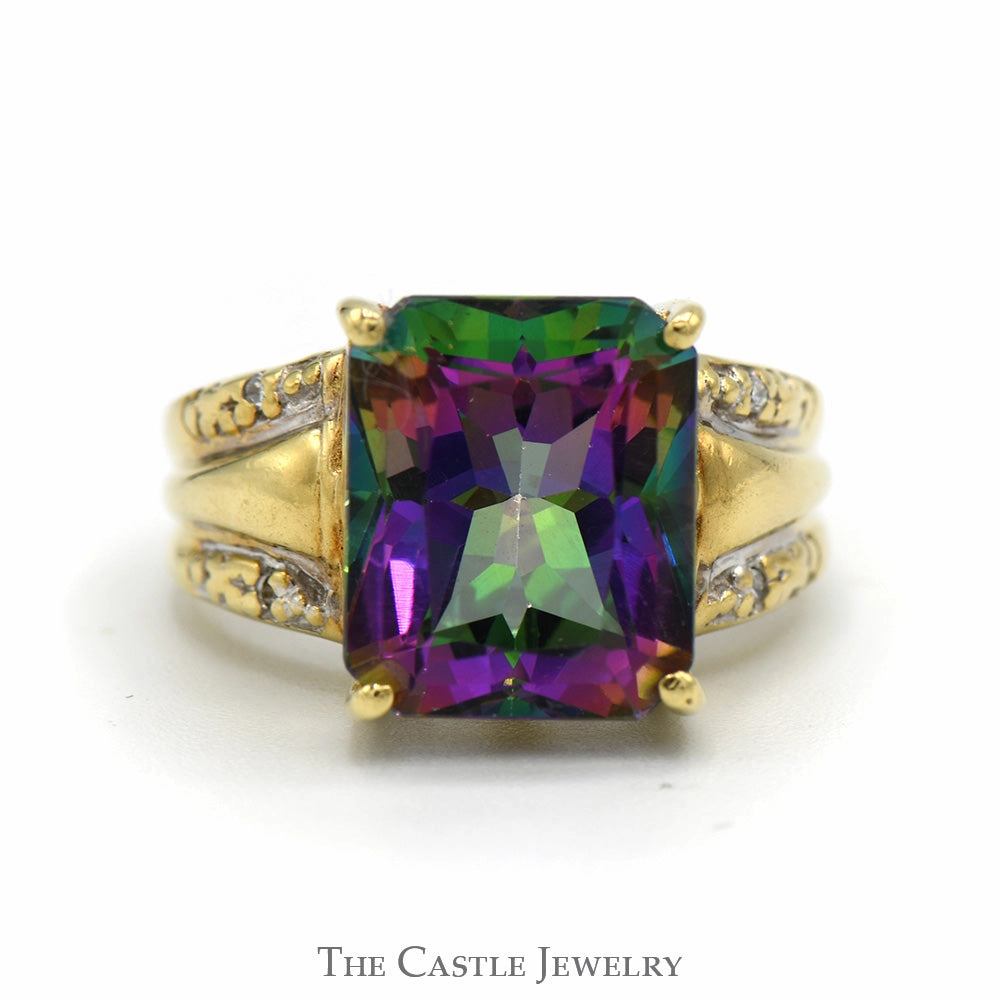Superior Piece Emerald Cut Mystic Topaz Ring with Diamond Accented Sides in 10k Yellow Gold