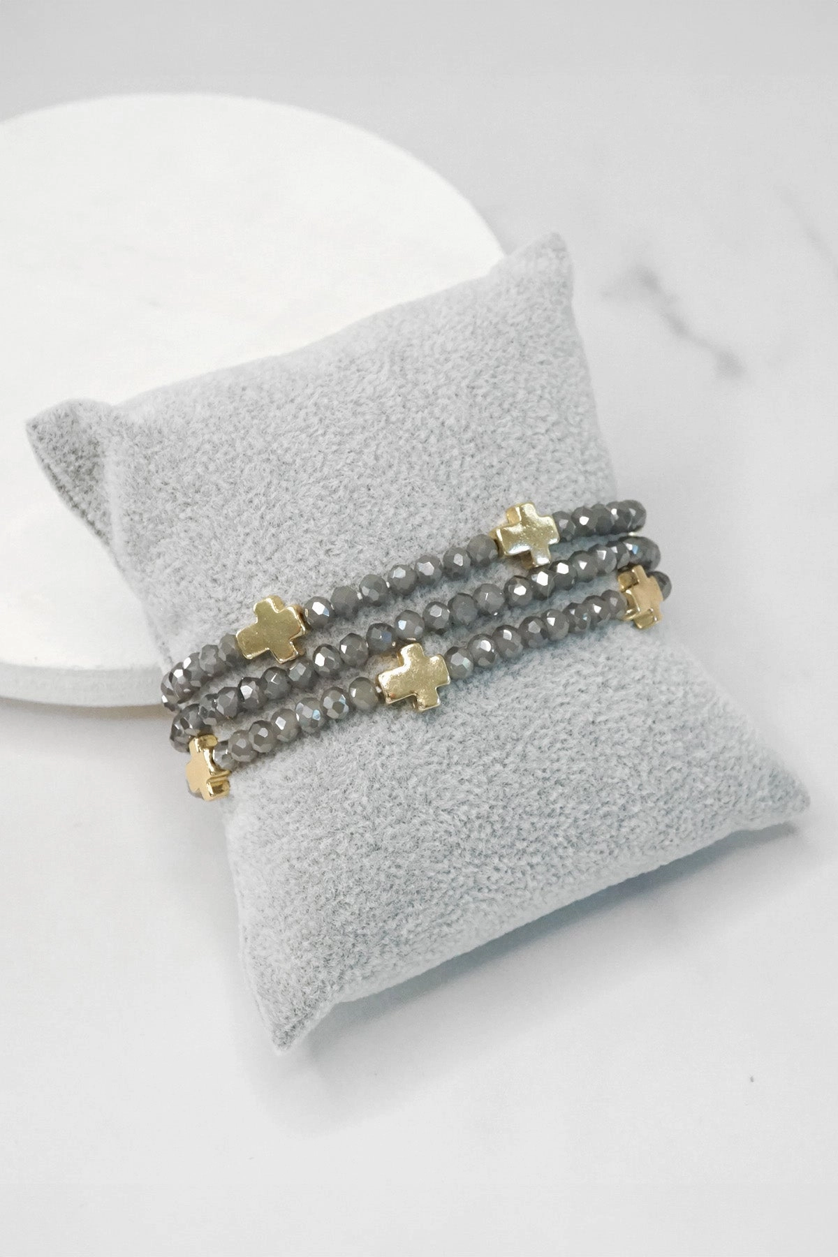 Fitness Friendly Mini Sideways Cross Bracelet stack Glass and gold metal beads