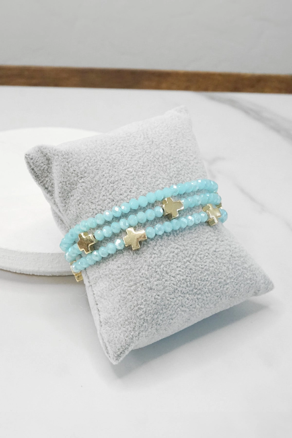 Uncommon Perspective Contemporary Legacy Mini Sideways Cross Bracelet stack Glass and gold metal beads