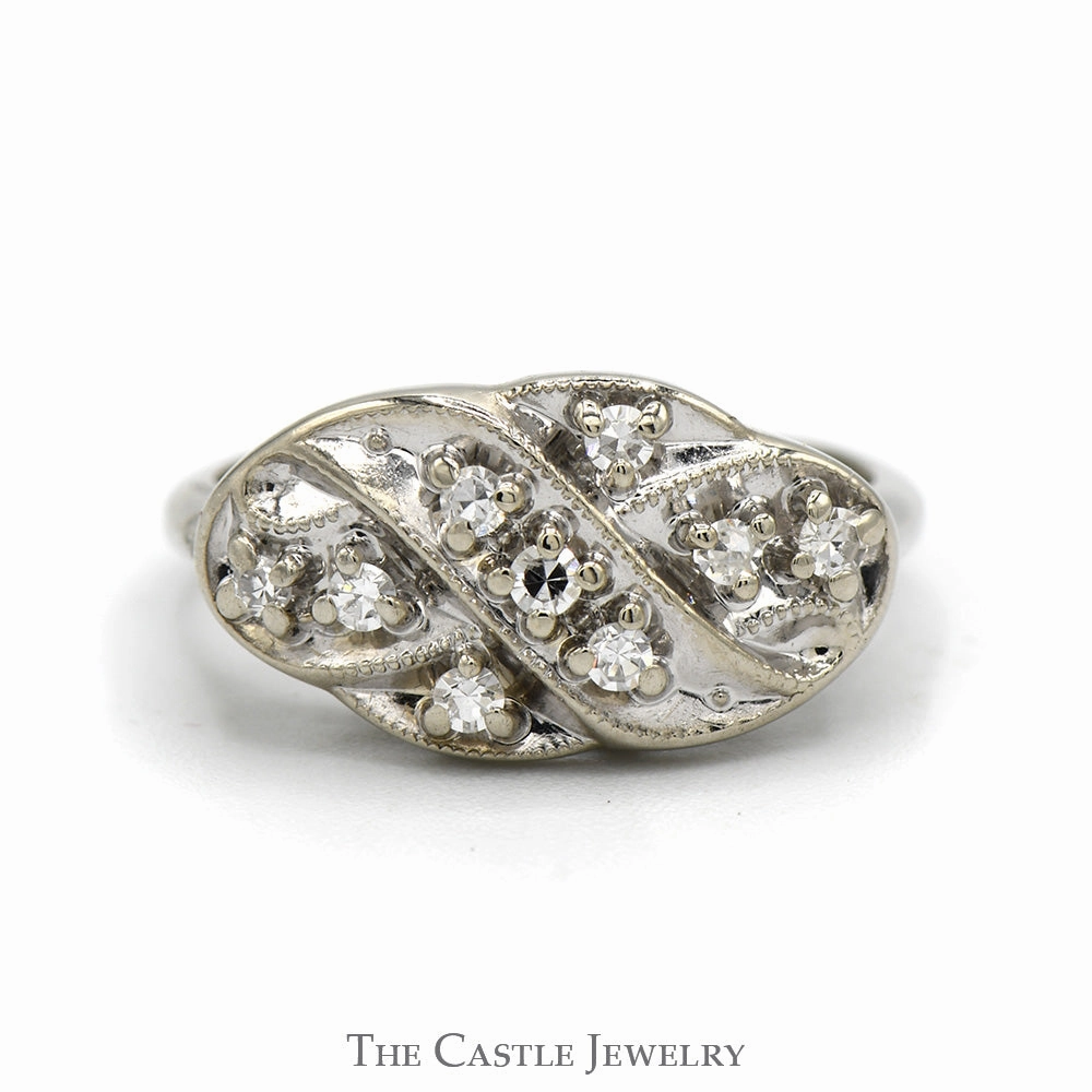 Business casual Shiny Embellishment Side Set Oval Shaped Diamond Cluster Ring in 14k White Gold