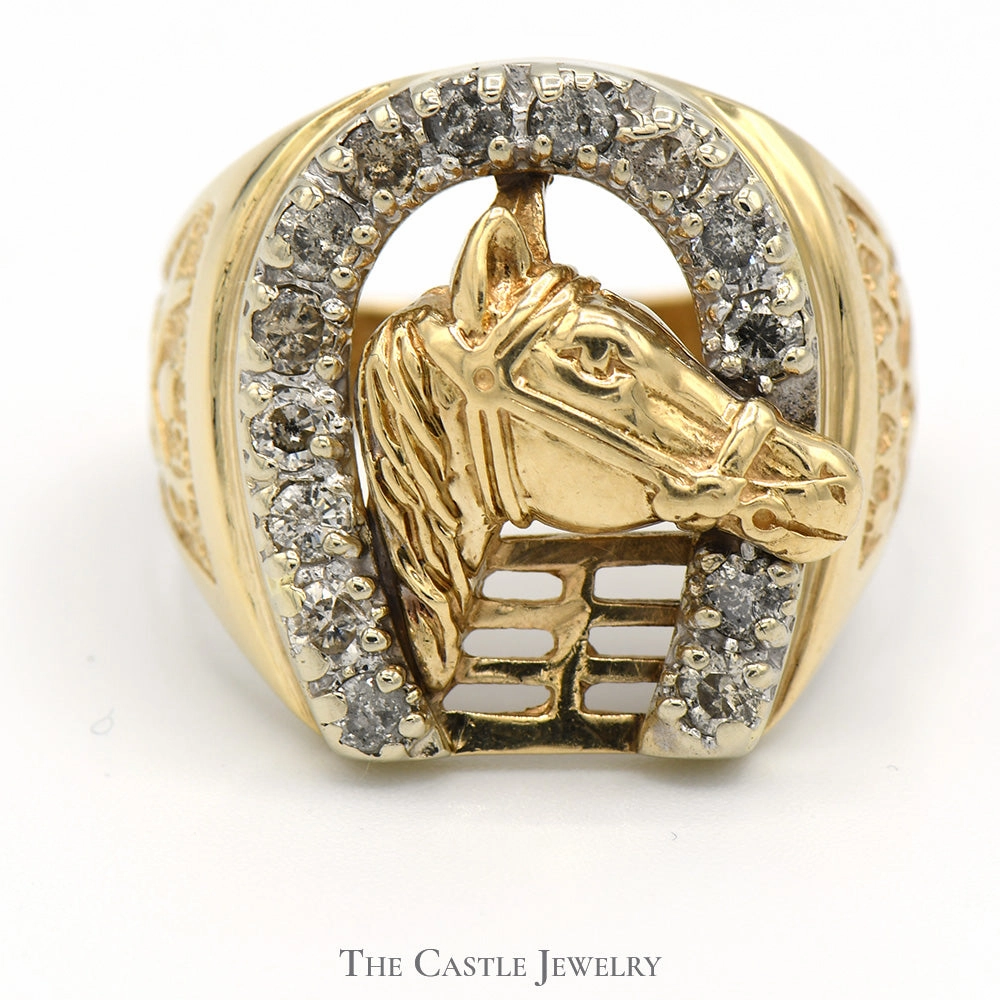 Horse Head in Diamond Horseshoe Equestrian Ring in 10k Yellow Gold Handcrafted Embellishment