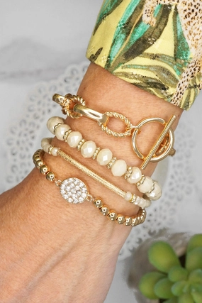 Beaded Bracelets set of 4 Off-White Glass Beads with Gold crystal paved sparkly bracelet Metal bead Toggle Adventure Gear Favorable Amalgamations