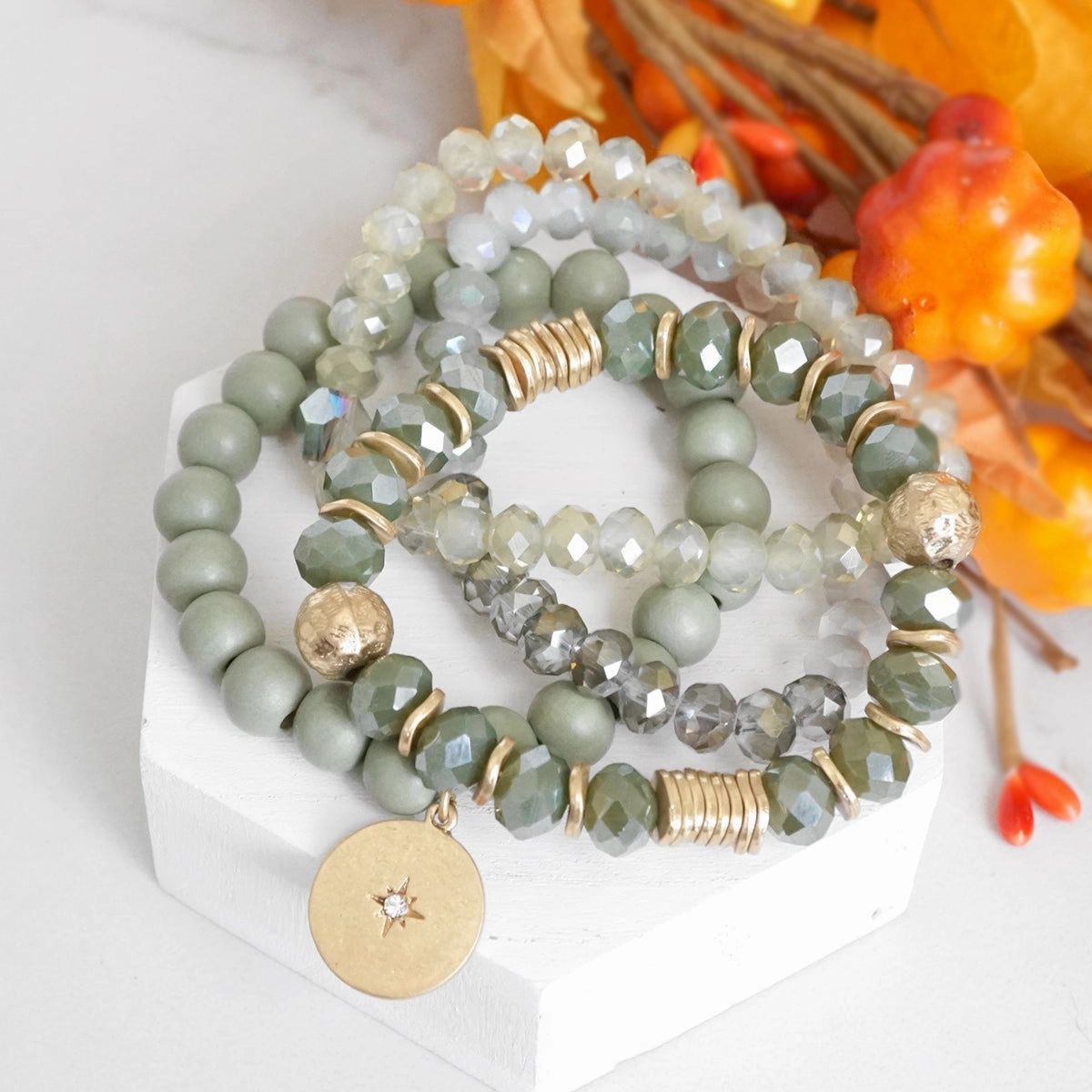 Beaded bracelets set in Olive green with a coin charm Quiet Luxury Second-To-None