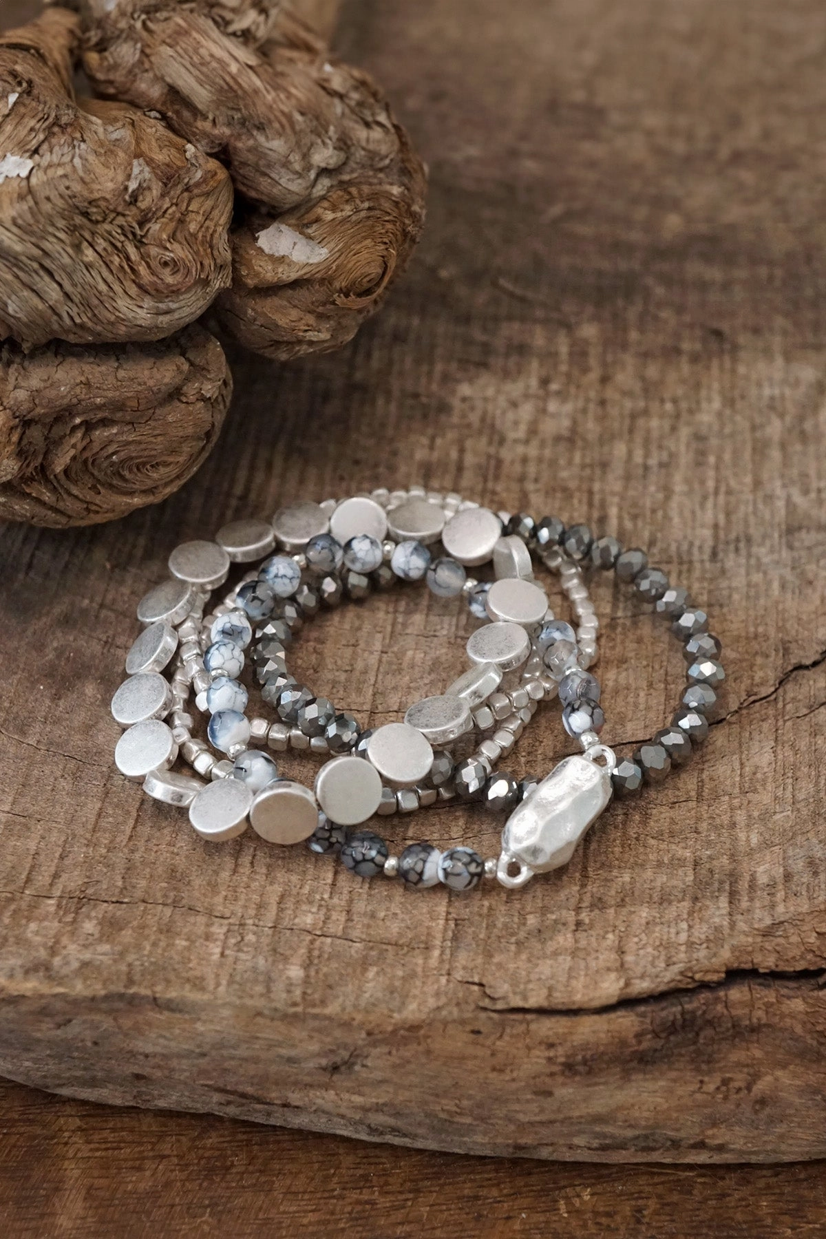 5 piece Boho Beaded Bracelets Stack Semi Precious Metal Glass Beads Silver tone nugget flat beads Diverse Selection Five Star