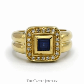 Bezel Set Square Sapphire Ring with Diamond Halo in 10k Yellow Gold Traditional Adornment