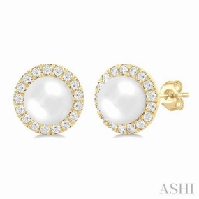 6 MM White Cultured Pearl and 1/4 Ctw Round Cut Diamond Halo Stud Earrings in 10K Yellow Gold Runway Inspired Ethereal Accent