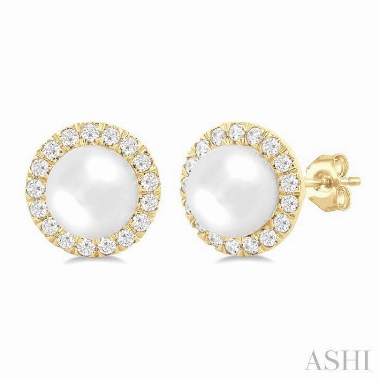 6 MM White Cultured Pearl and 1/4 Ctw Round Cut Diamond Halo Stud Earrings in 10K Yellow Gold Runway Inspired Ethereal Accent