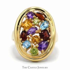Oval Shaped Multi-Gemstone Cluster Ring in 10k Yellow Gold Economical Statement Balanced Texture