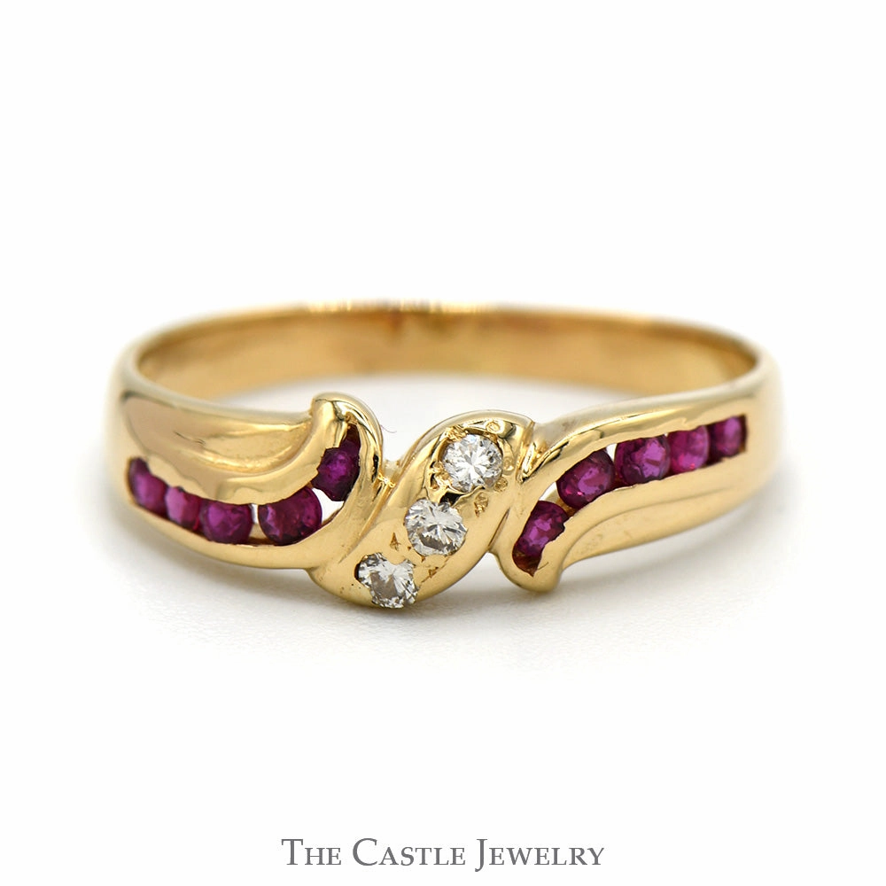 Artistic Sign Processed Item Triple Diamond Ring with Channel Set Ruby Sides in 14k Yellow Gold Bypass Band