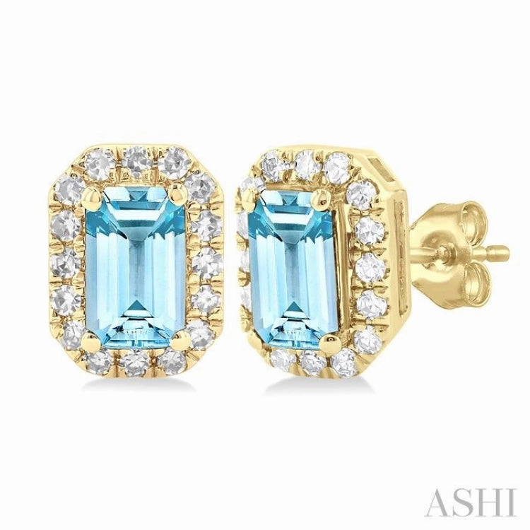 Playful Spark 5x3 MM Octagonal Shape Aquamarine and 1/8 Ctw Single Cut Diamond Halo Semi-Precious Stud Earrings in 14K Yellow Gold