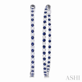 1.6 MM Round Cut Sapphire and 1 ctw Round Cut Diamond Precious Inside-Out Alternating Hoop Earrings in 14K White Gold Muted Style