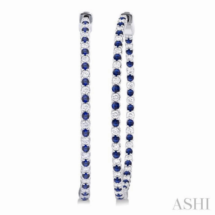 1.6 MM Round Cut Sapphire and 1 ctw Round Cut Diamond Precious Inside-Out Alternating Hoop Earrings in 14K White Gold Muted Style