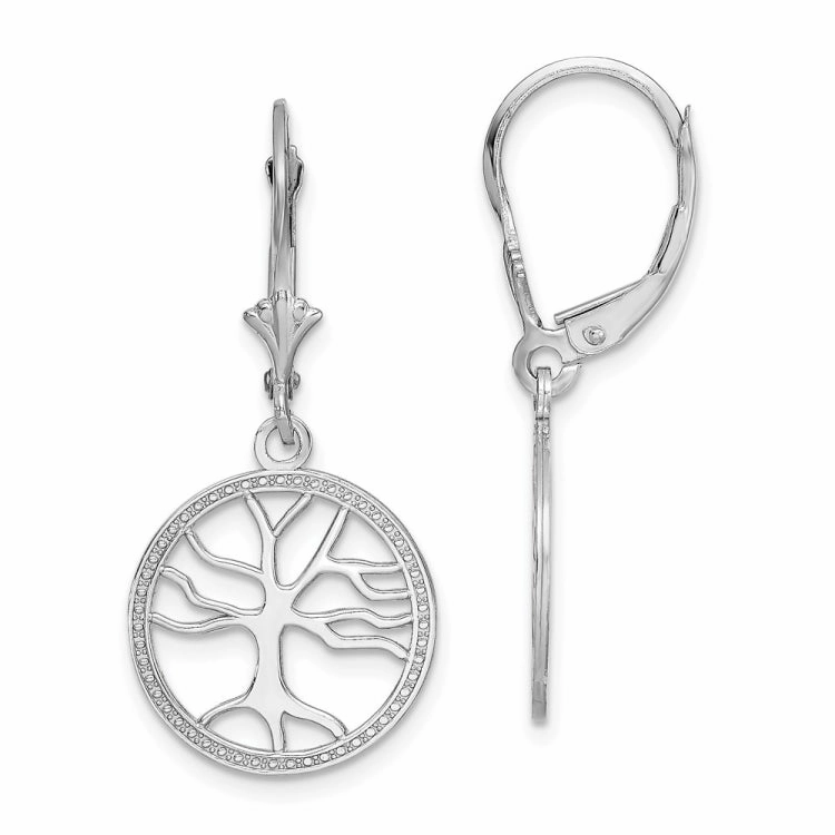 14K White Gold Tree of Life In Round Frame Leverback Earrings Crisp Edge