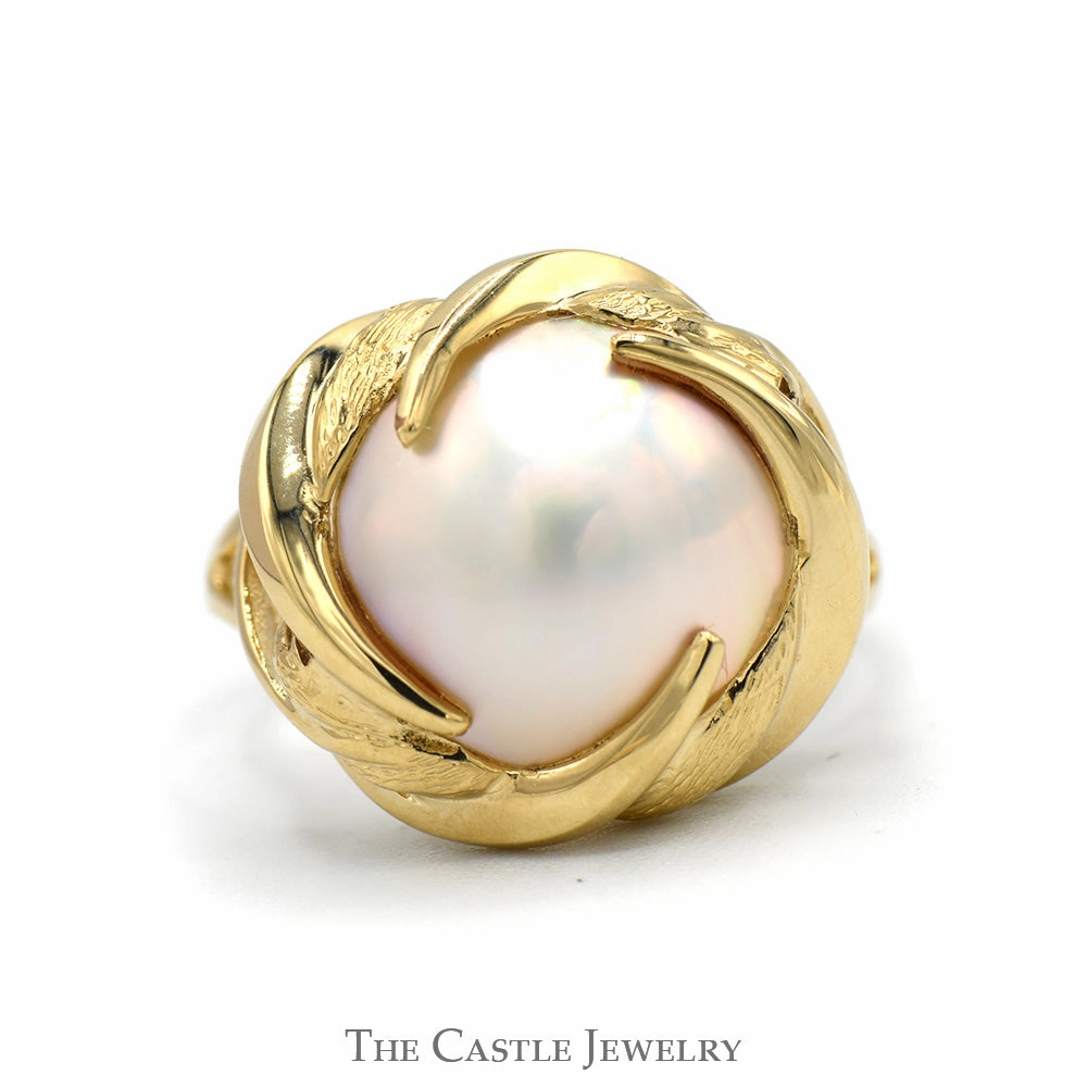 Refined Balance Mabe Pearl Ring with Swirled Bezel and Split Shank Sides in 14k Yellow Gold