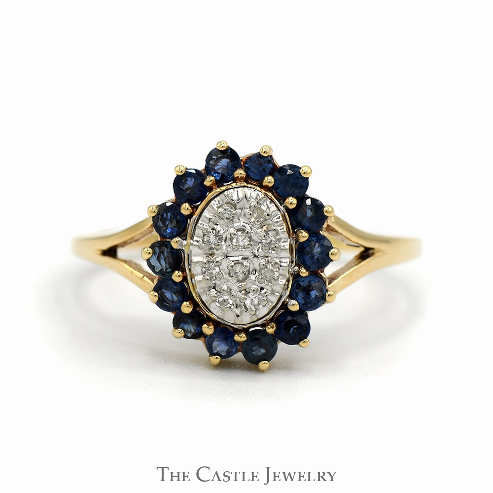 Designer Ornament Sapphire and Diamond Cluster Ring With Round Sapphires and .05 CTTW Round Brilliant Cut Diamonds in Split-Shank 10 KT Yellow Gold